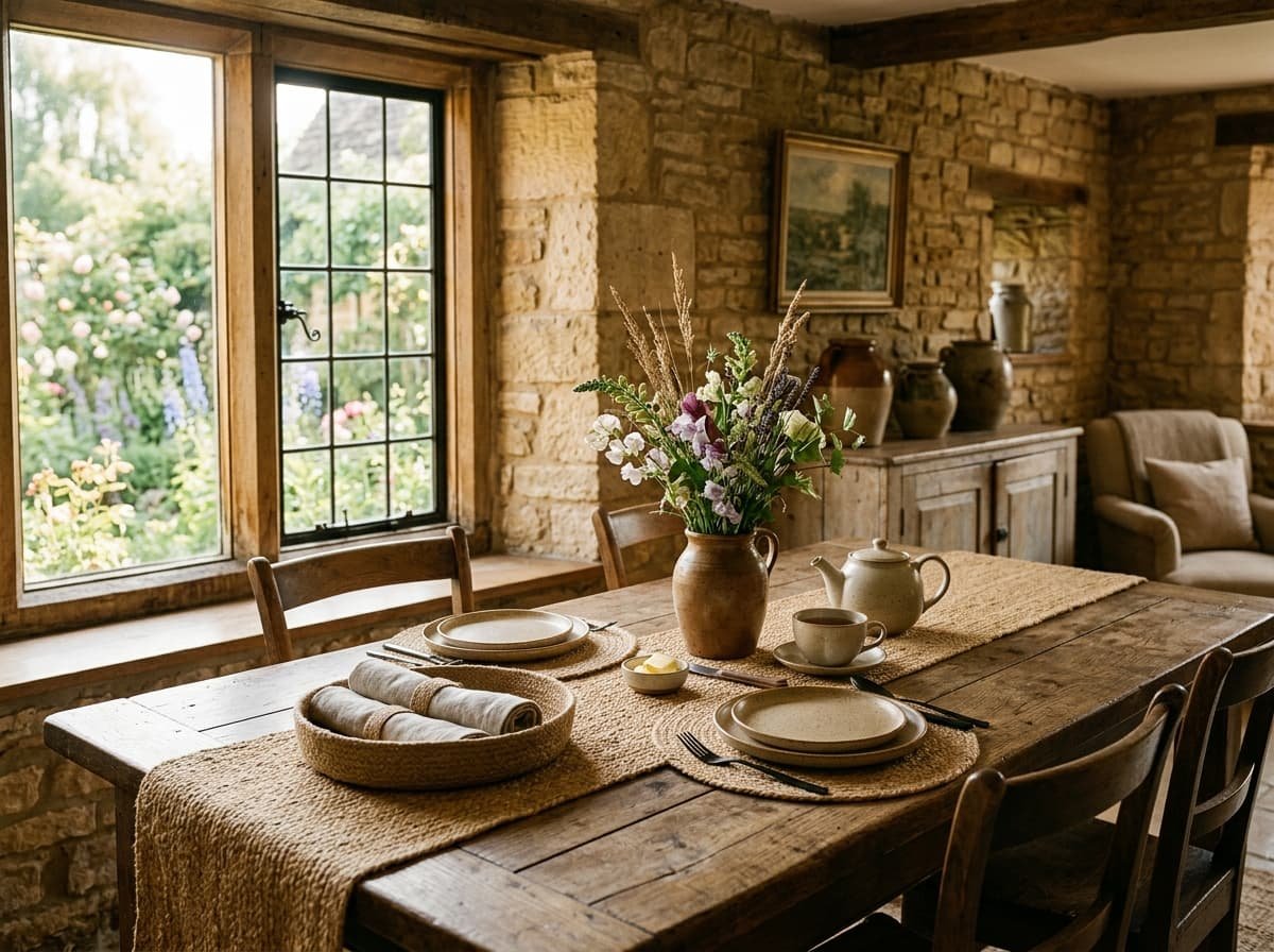 Warm cottage table set with natural handwoven jute runner and placemats in morning light